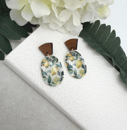 Earrings Made with Polymer Clay Ovals with Lemons and Wood Posts PCE-996
