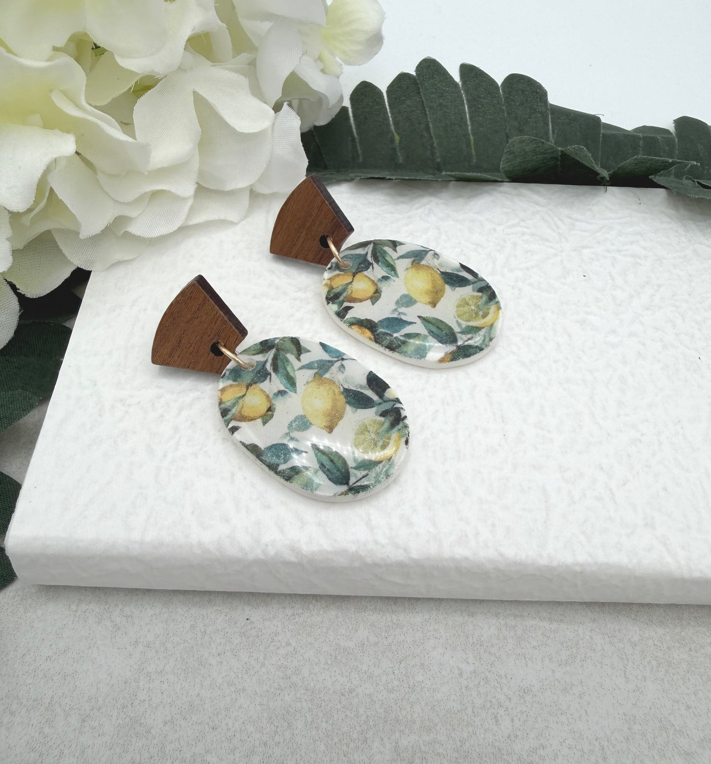 Earrings Made with Polymer Clay Ovals with Lemons and Wood Posts PCE-996