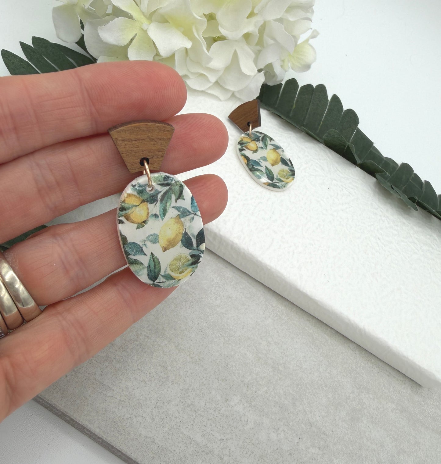 Earrings Made with Polymer Clay Ovals with Lemons and Wood Posts PCE-996
