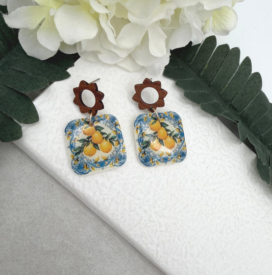 Earrings Made with Polymer Clay Squares with Lemons and Wood Flower Posts PCE-997