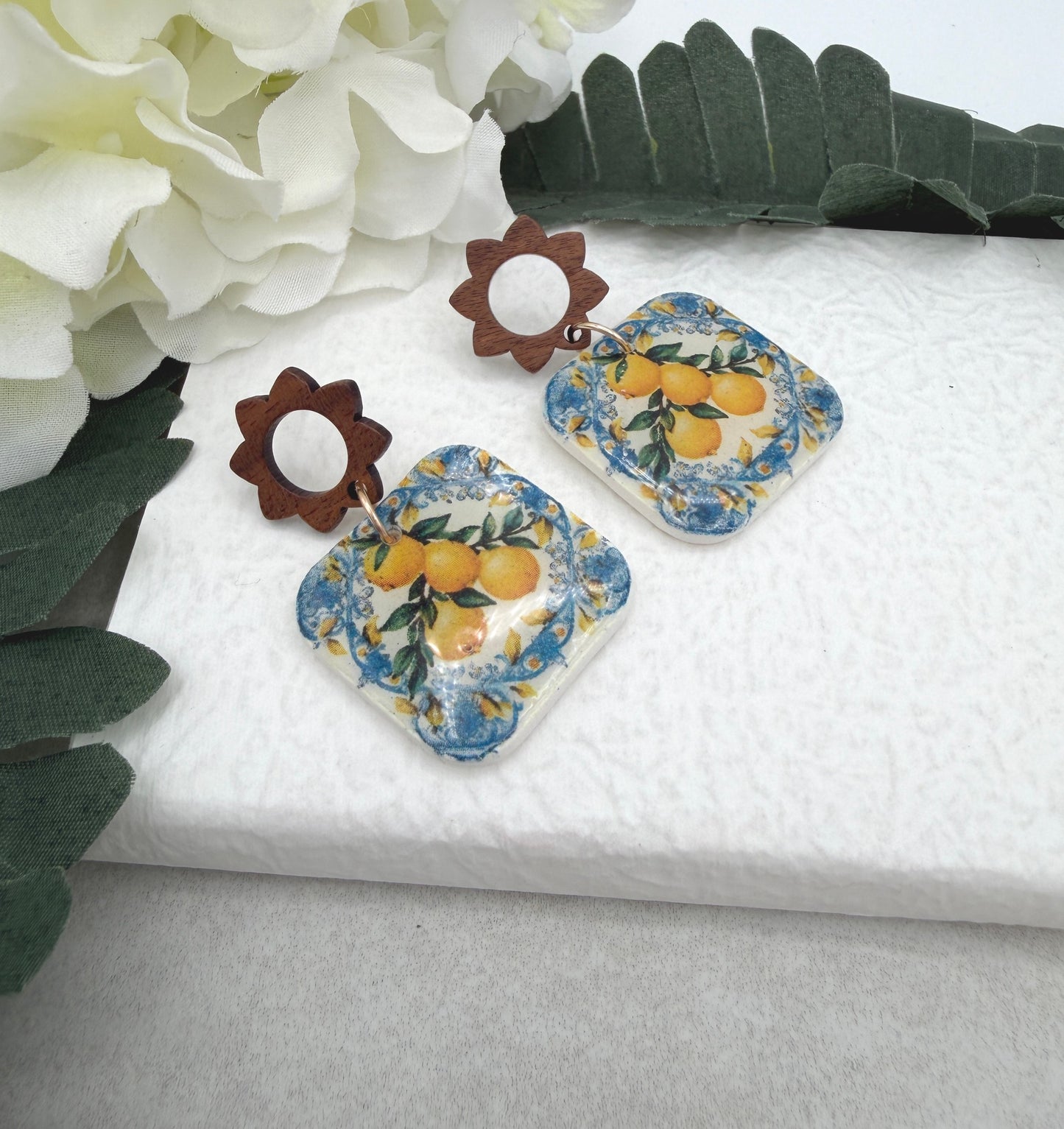 Earrings Made with Polymer Clay Squares with Lemons and Wood Flower Posts PCE-997
