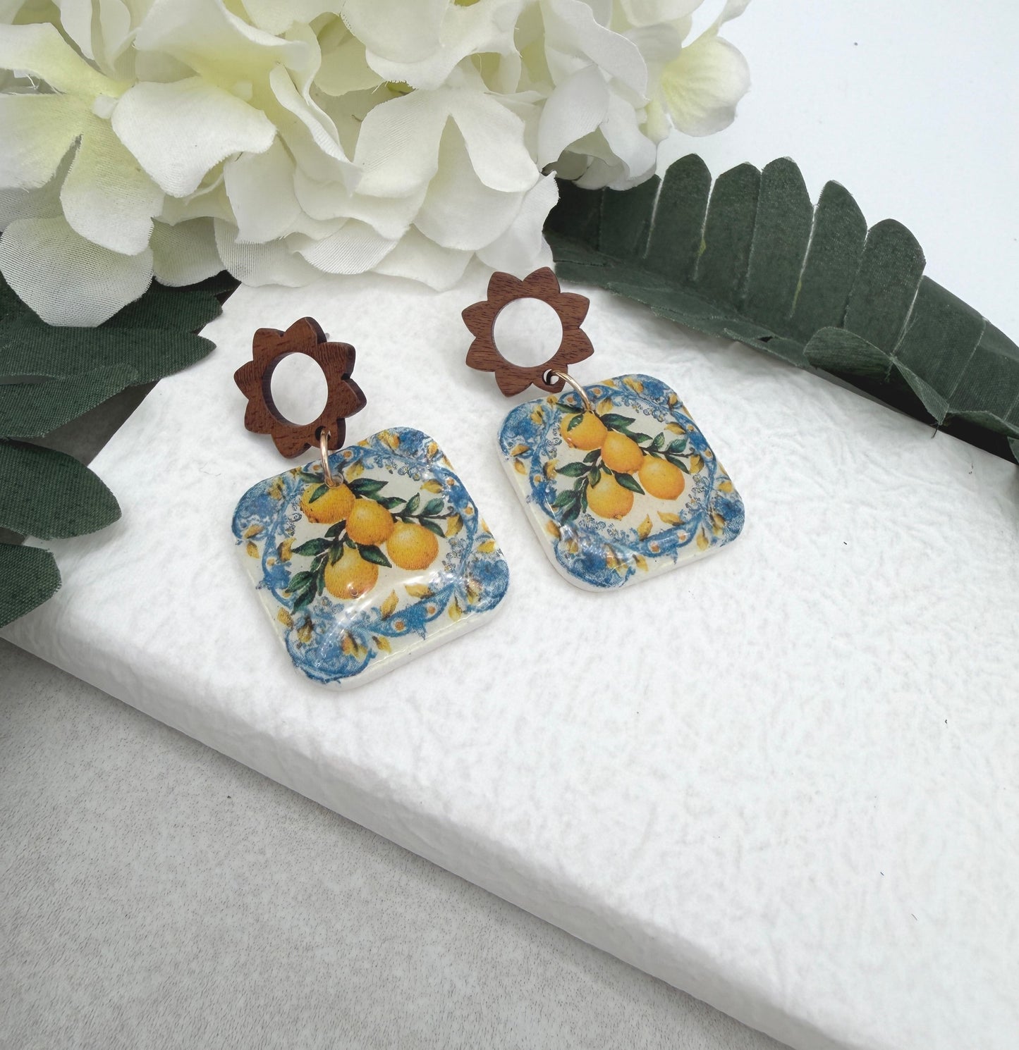 Earrings Made with Polymer Clay Squares with Lemons and Wood Flower Posts PCE-997