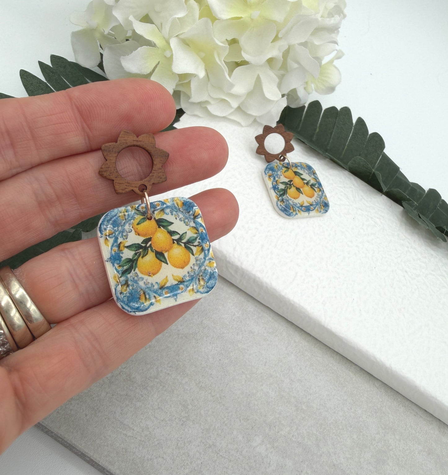 Earrings Made with Polymer Clay Squares with Lemons and Wood Flower Posts PCE-997