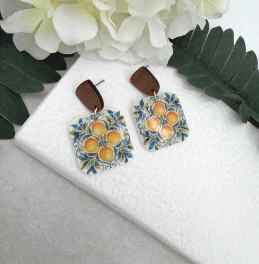 Earrings Made with Polymer Clay Squares with Lemons and Wood Posts PCE-998