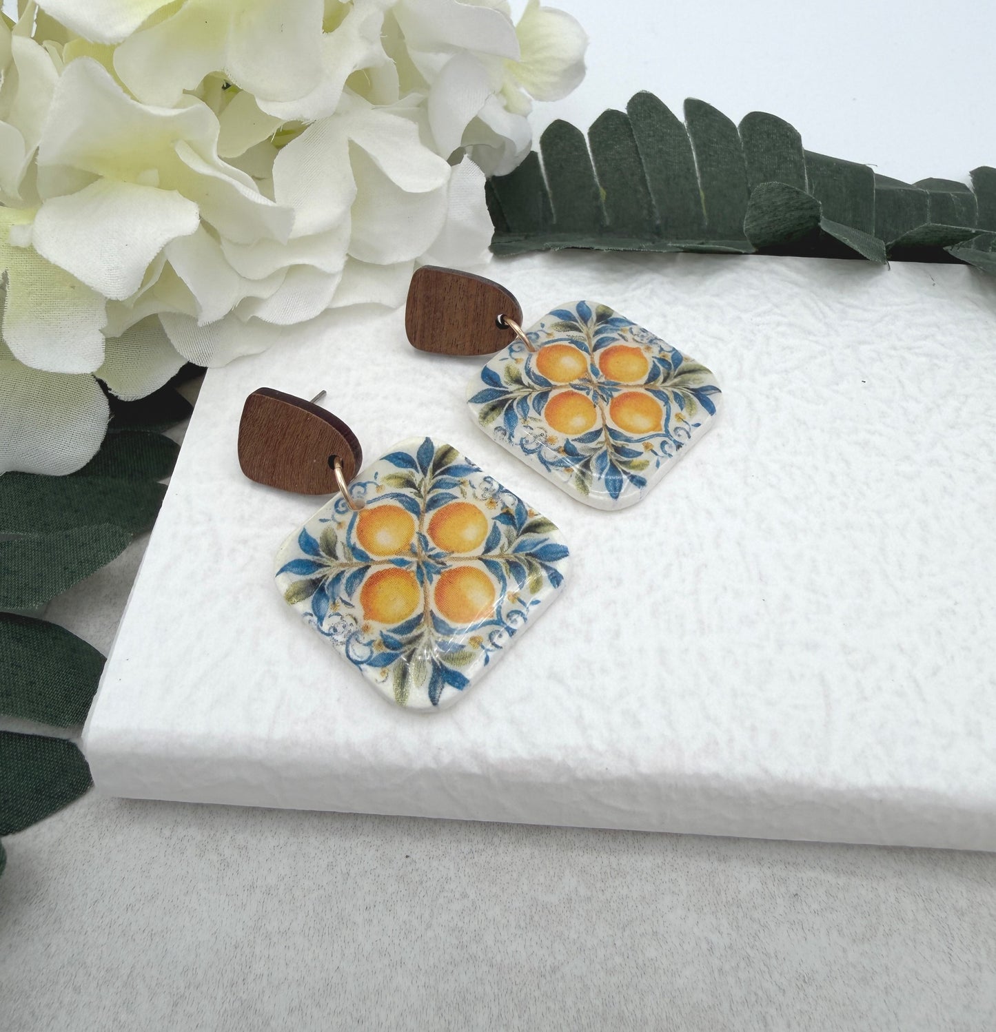 Earrings Made with Polymer Clay Squares with Lemons and Wood Posts PCE-998