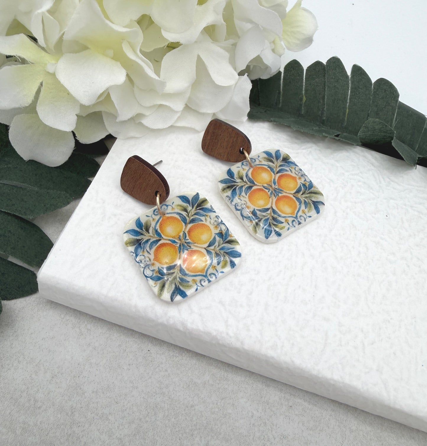 Earrings Made with Polymer Clay Squares with Lemons and Wood Posts PCE-998
