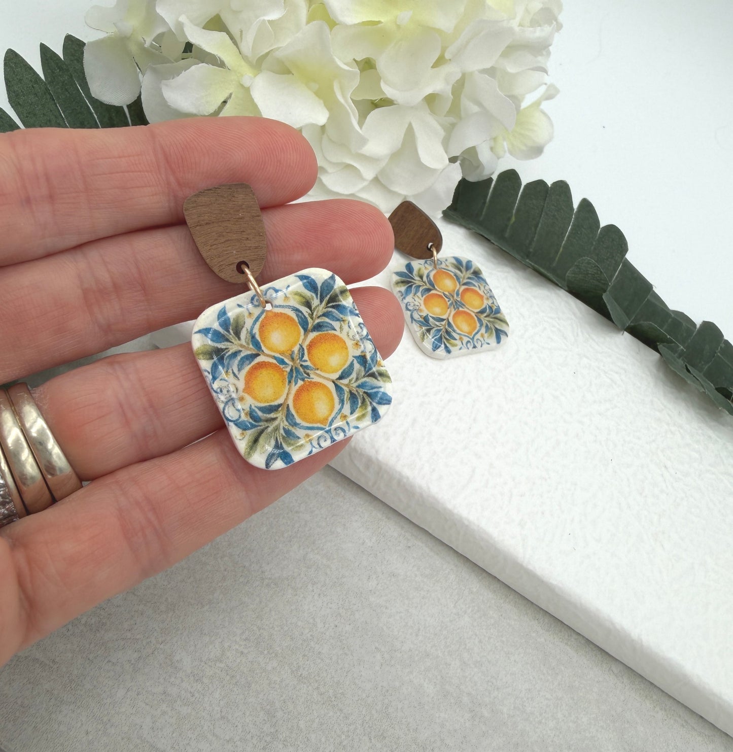 Earrings Made with Polymer Clay Squares with Lemons and Wood Posts PCE-998