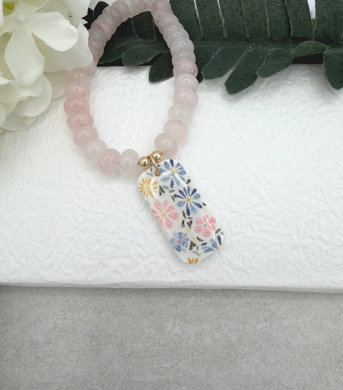 Necklace with Pink Jade Beads with a Polymer Clay Floral Pendant PCN-41
