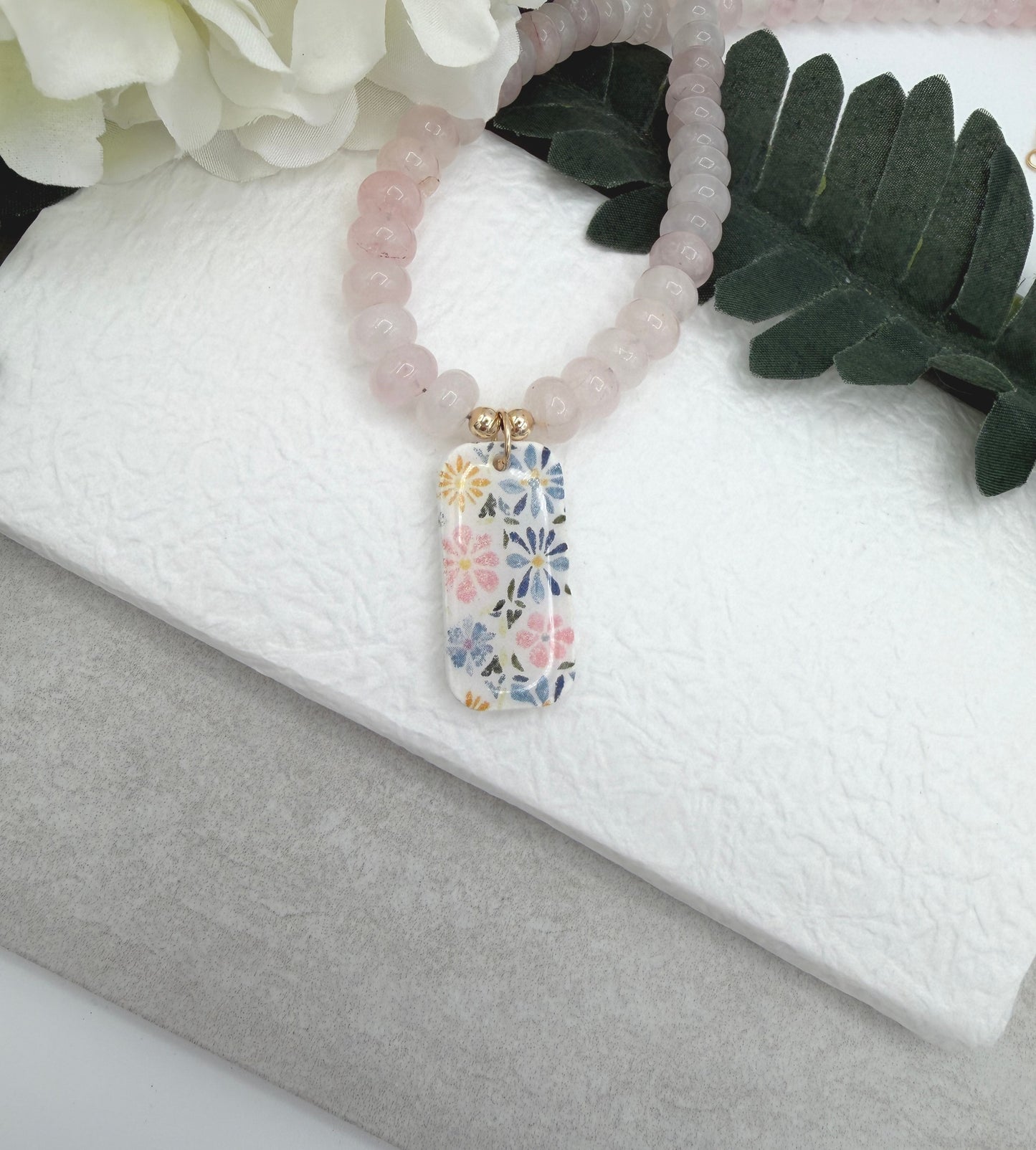 Necklace with Pink Jade Beads with a Polymer Clay Floral Pendant PCN-41