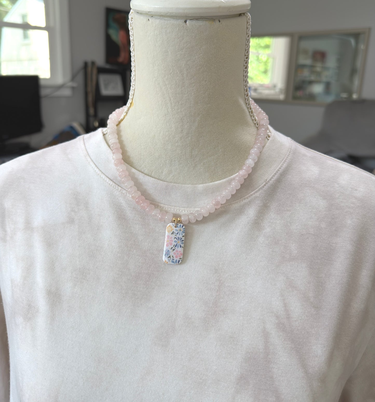 Necklace with Pink Jade Beads with a Polymer Clay Floral Pendant PCN-41