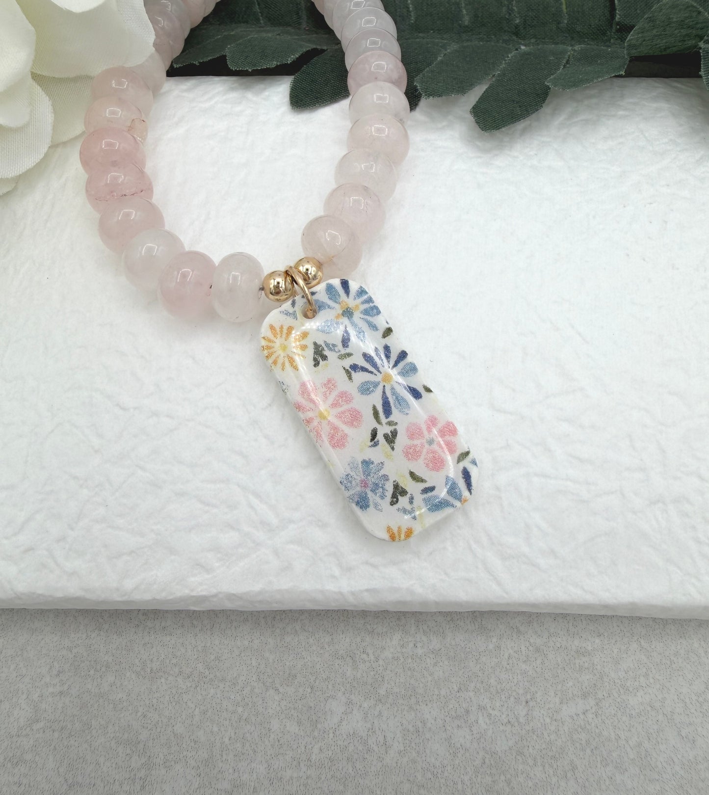Necklace with Pink Jade Beads with a Polymer Clay Floral Pendant PCN-41