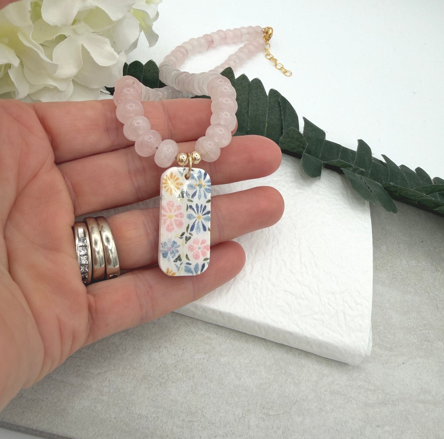 Necklace with Pink Jade Beads with a Polymer Clay Floral Pendant PCN-41