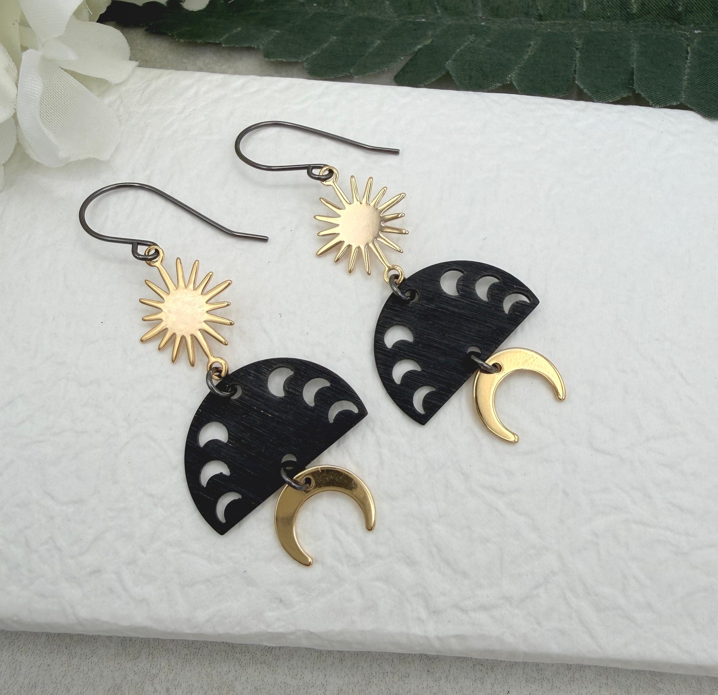 Earrings with Gold Plated, Stars, Oxidized Brass Half Circles with Crescent Moons and Gold Plated Crescent Moons SBRE-66