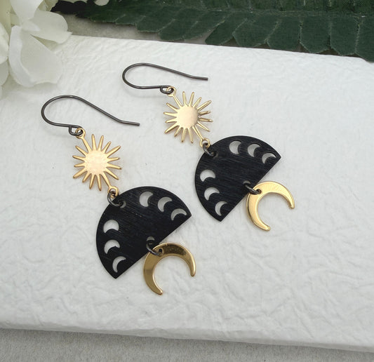 Earrings with Gold Plated, Stars, Oxidized Brass Half Circles with Crescent Moons and Gold Plated Crescent Moons SBRE-66
