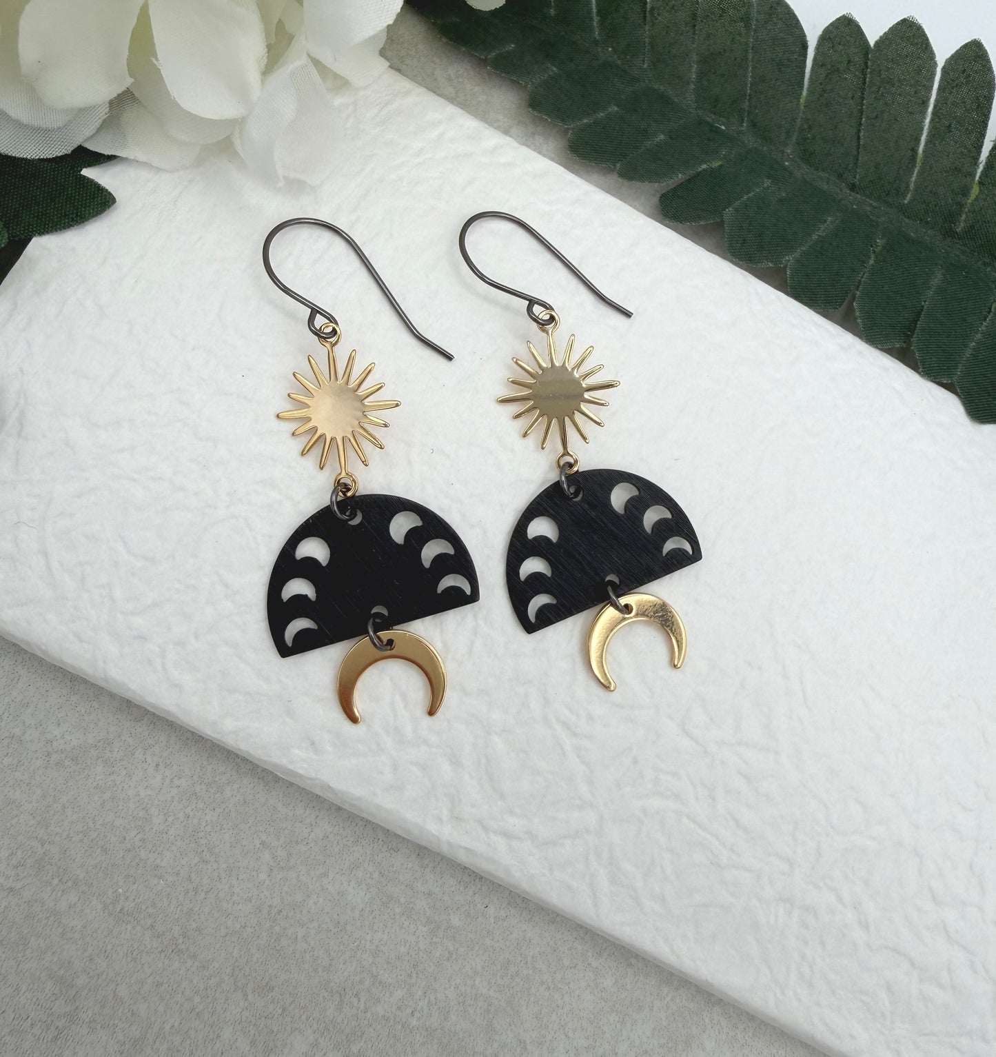 Earrings with Gold Plated, Stars, Oxidized Brass Half Circles with Crescent Moons and Gold Plated Crescent Moons SBRE-66