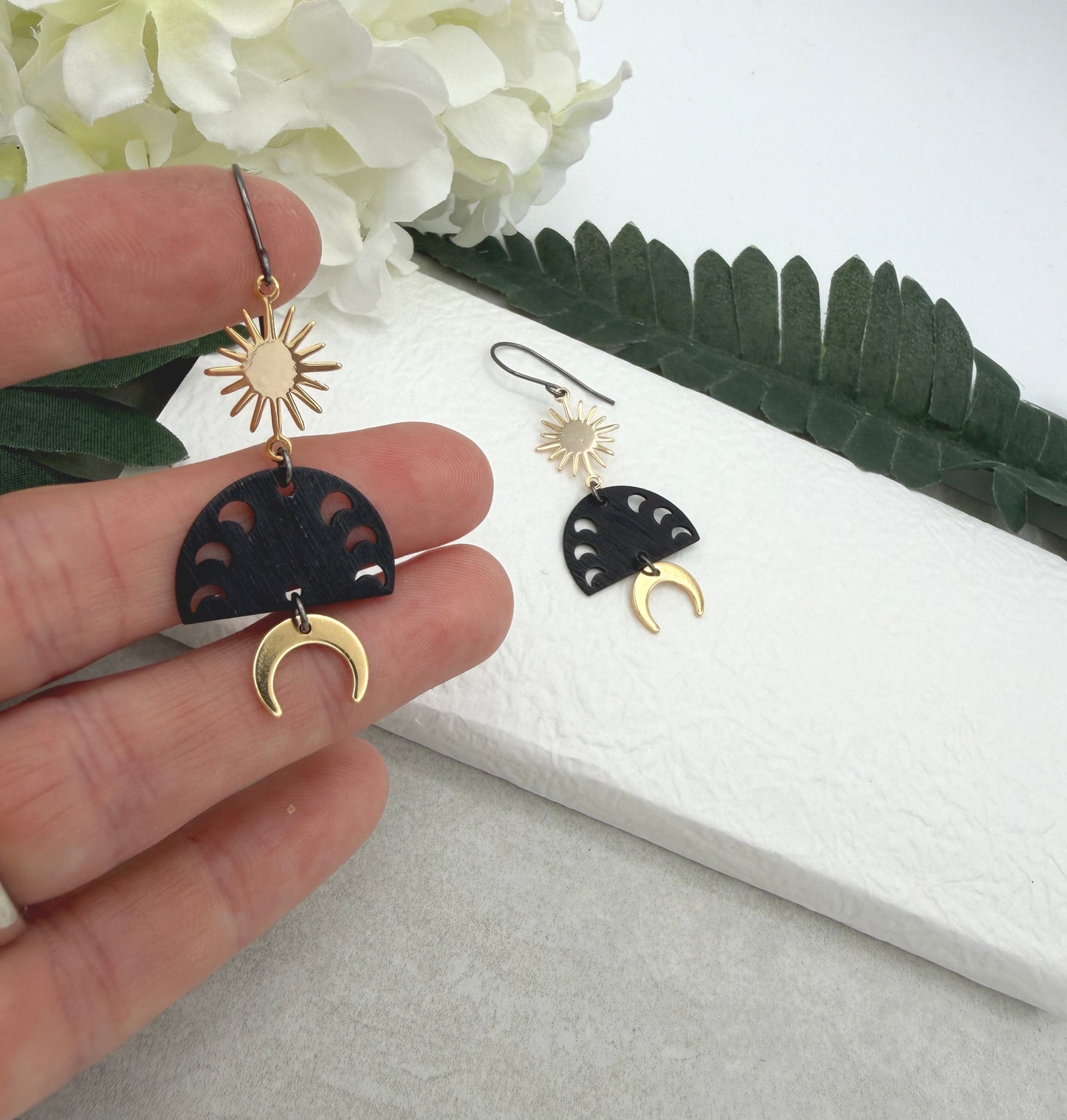 Earrings with Gold Plated, Stars, Oxidized Brass Half Circles with Crescent Moons and Gold Plated Crescent Moons SBRE-66