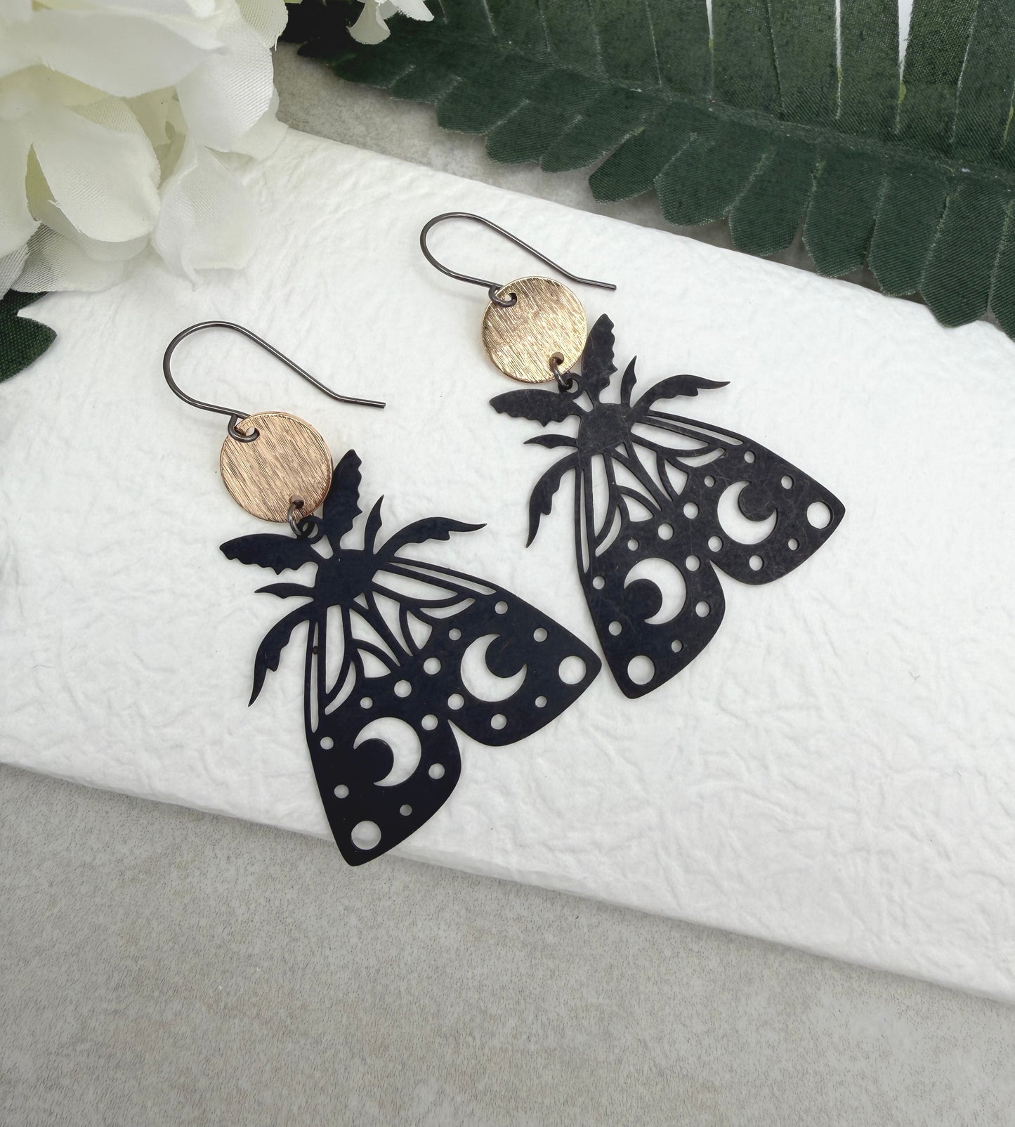 Earrings with Gold Plated Circles and Oxidized Brass Moths SBRE-68