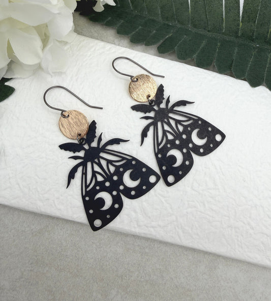 Earrings with Gold Plated Circles and Oxidized Brass Moths SBRE-68