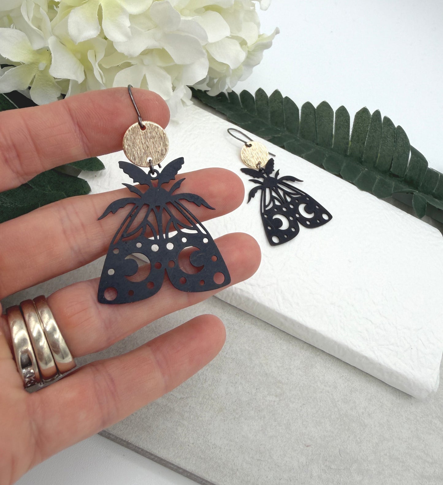Earrings with Gold Plated Circles and Oxidized Brass Moths SBRE-68