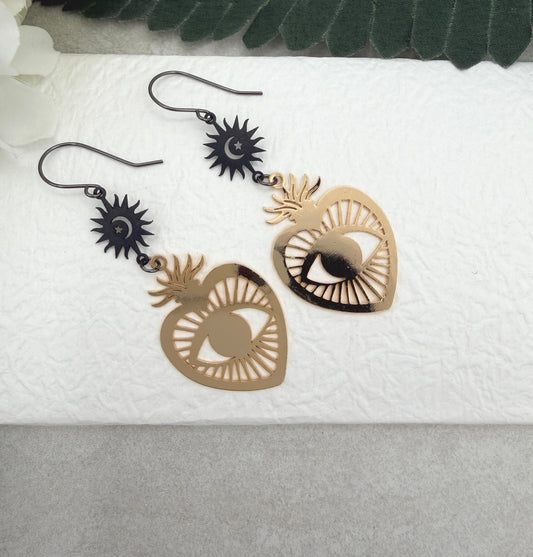 Earrings with Oxidized Stars and Gold Plated Hearts on Fire with Eyes SBRE-69