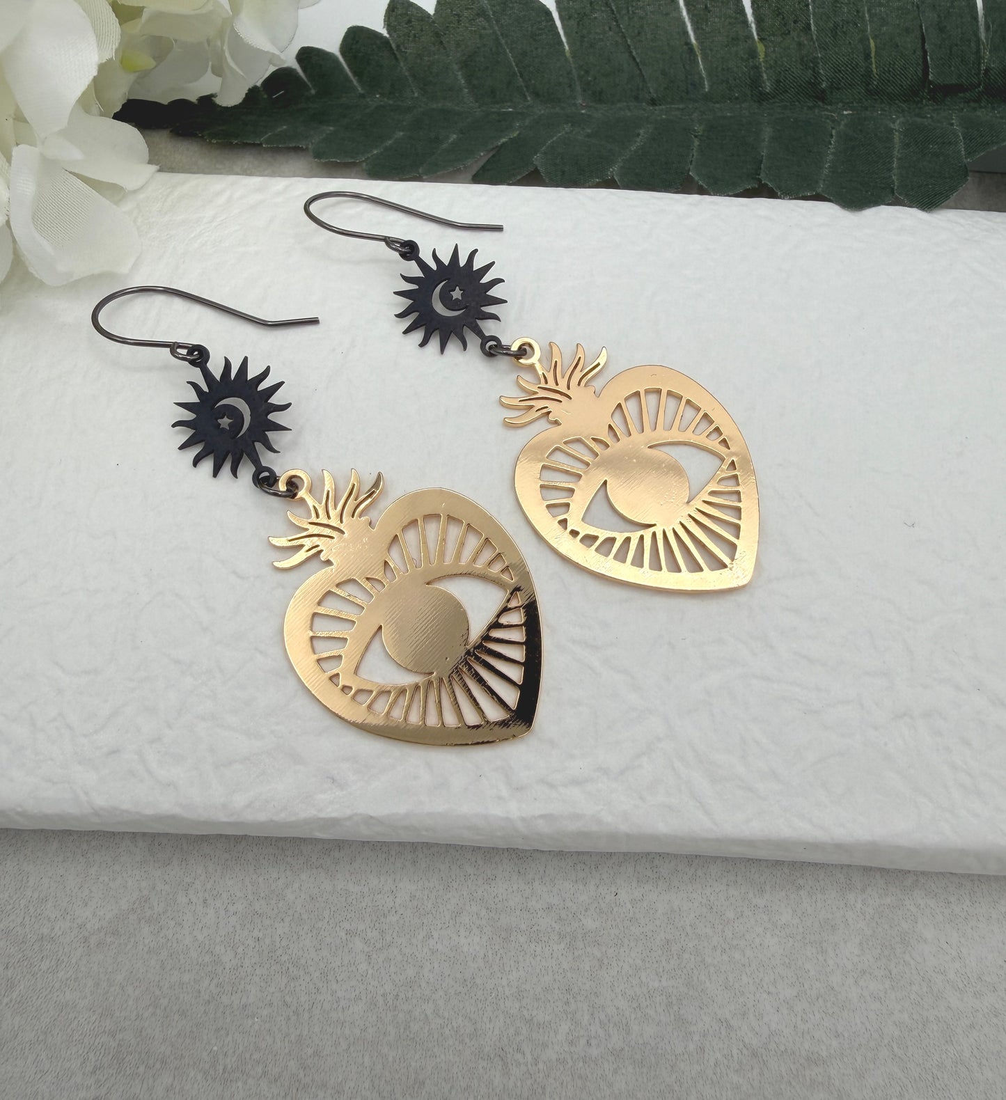 Earrings with Oxidized Stars and Gold Plated Hearts on Fire with Eyes SBRE-69