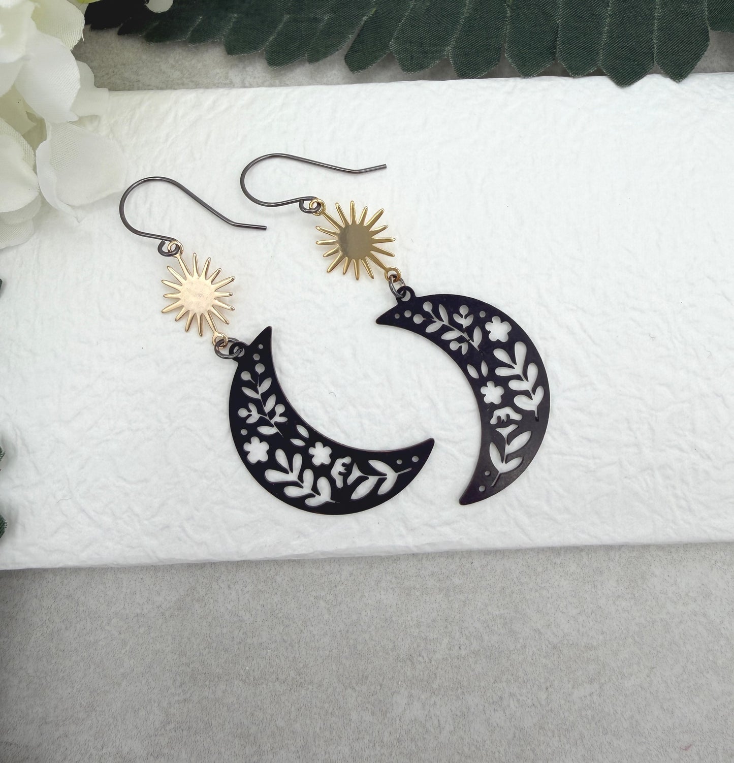 Earrings with Gold Plated Stars and Oxidized Brass Crescent Moons with Flowers SBRE-70
