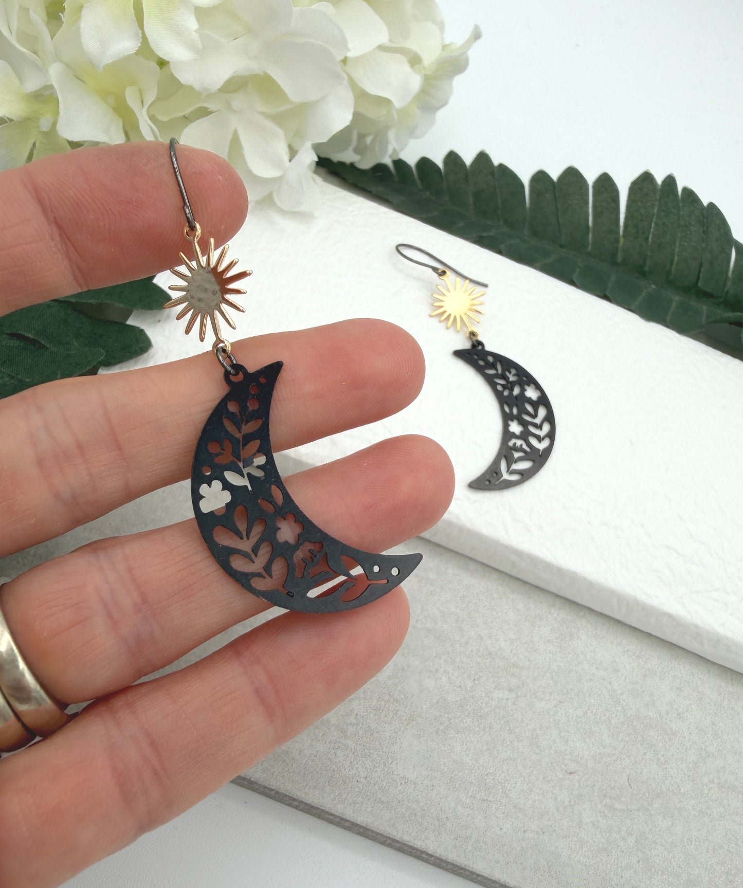 Earrings with Gold Plated Stars and Oxidized Brass Crescent Moons with Flowers SBRE-70