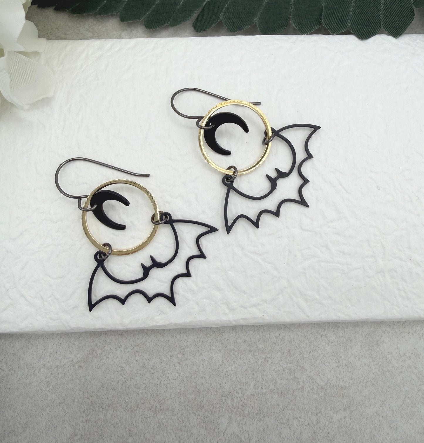 Earrings with Gold Plated Loops, Oxidized Crescent Moons and Oxidized Bats SBRE-71