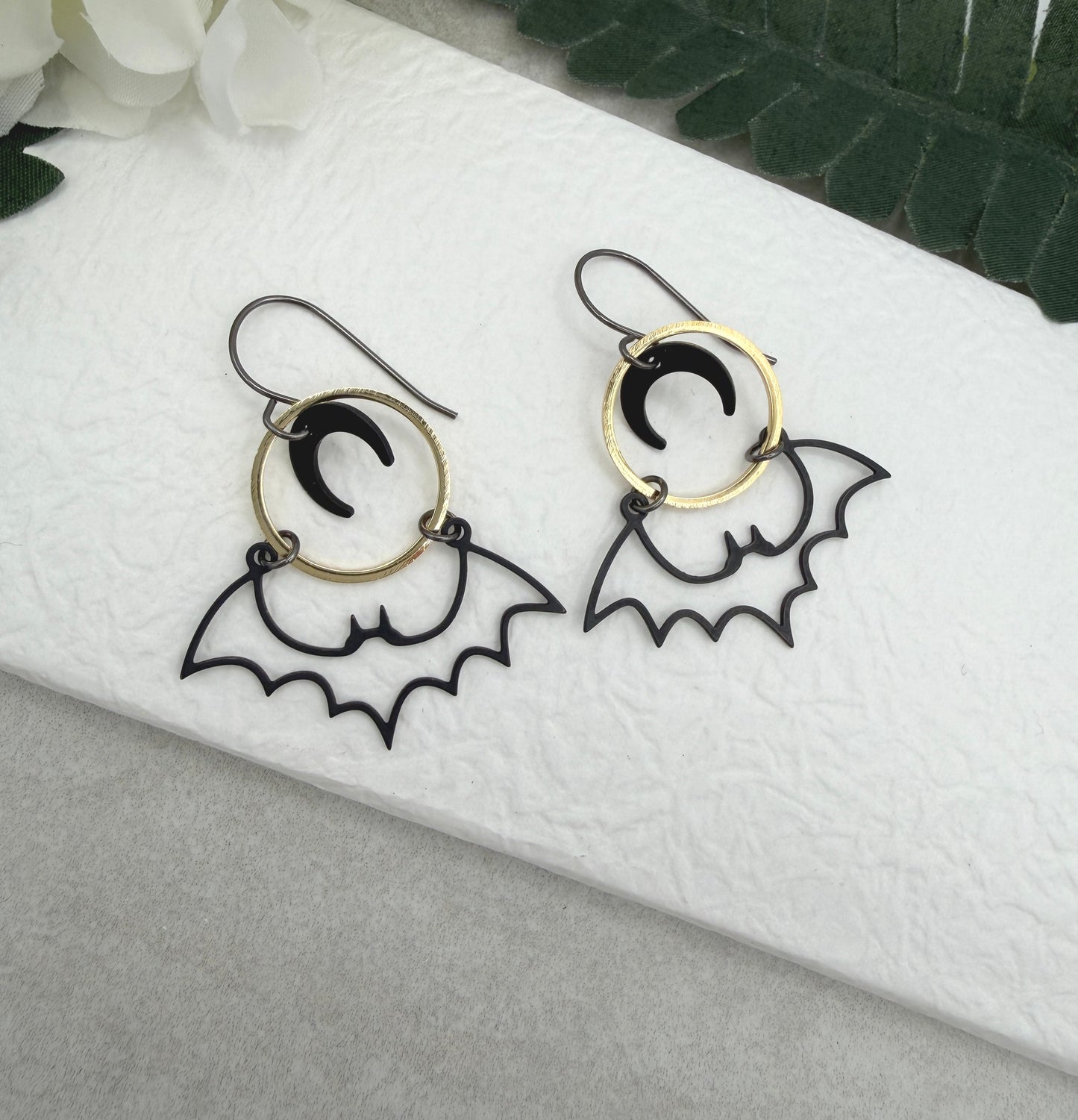 Earrings with Gold Plated Loops, Oxidized Crescent Moons and Oxidized Bats SBRE-71