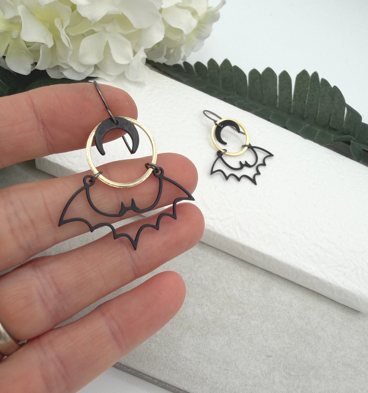 Earrings with Gold Plated Loops, Oxidized Crescent Moons and Oxidized Bats SBRE-71
