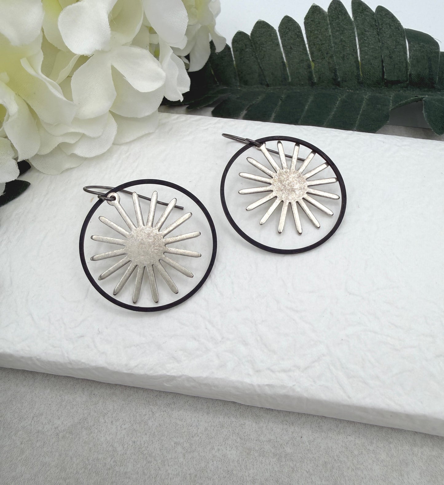 Earrings with Oxidized Brass Loops and Silver Plated Stars SBRE-73