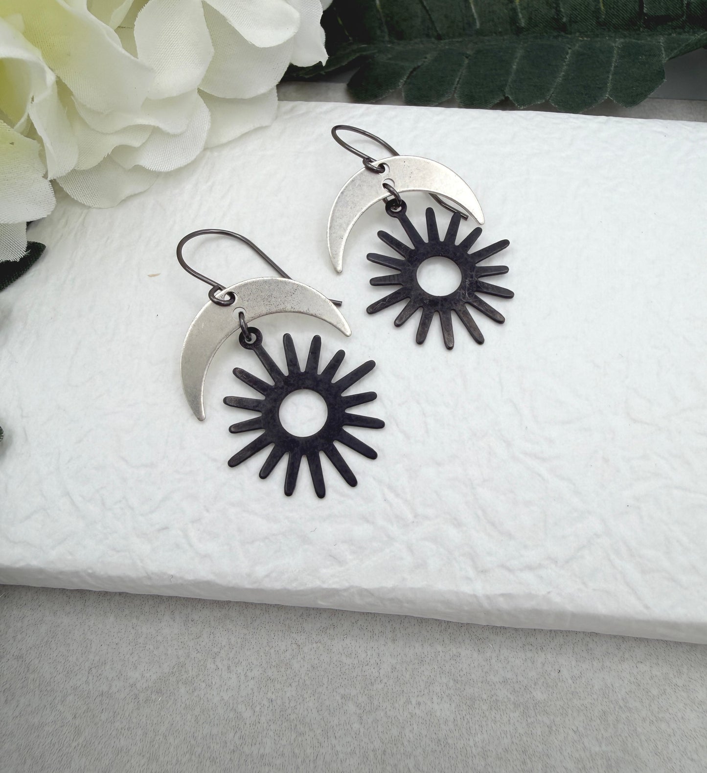 Earrings with Silver Plated Crescent Moons and Odizied Brass Star Suns SBRE-74