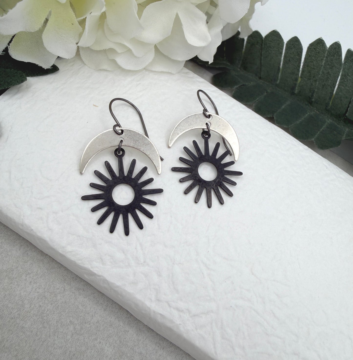 Earrings with Silver Plated Crescent Moons and Odizied Brass Star Suns SBRE-74