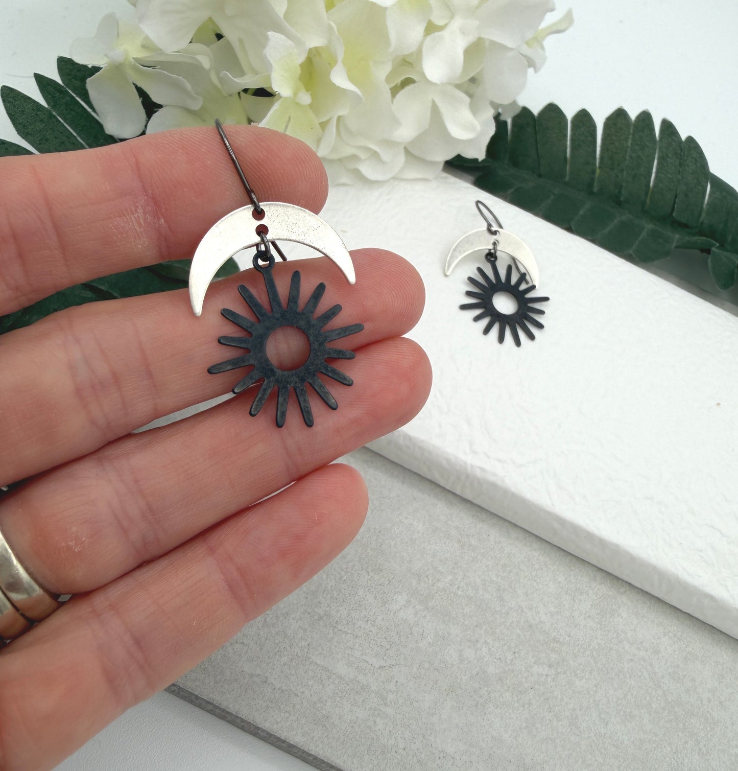 Earrings with Silver Plated Crescent Moons and Odizied Brass Star Suns SBRE-74