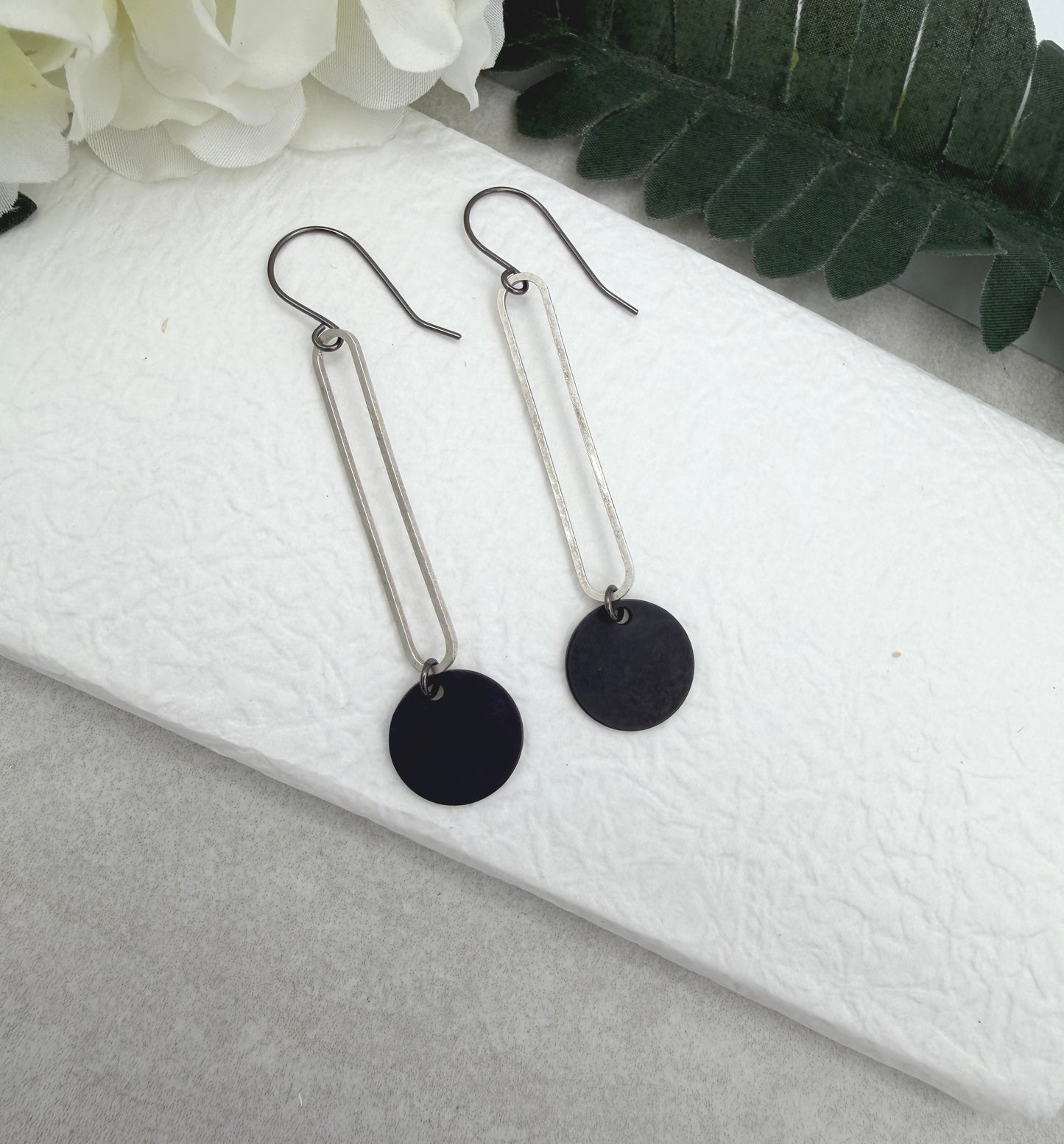 Earrings with Silver Plated Oval Loops and Oxidized Circles SBRE-76