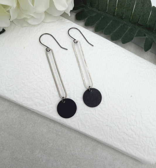 Earrings with Silver Plated Oval Loops and Oxidized Circles SBRE-76