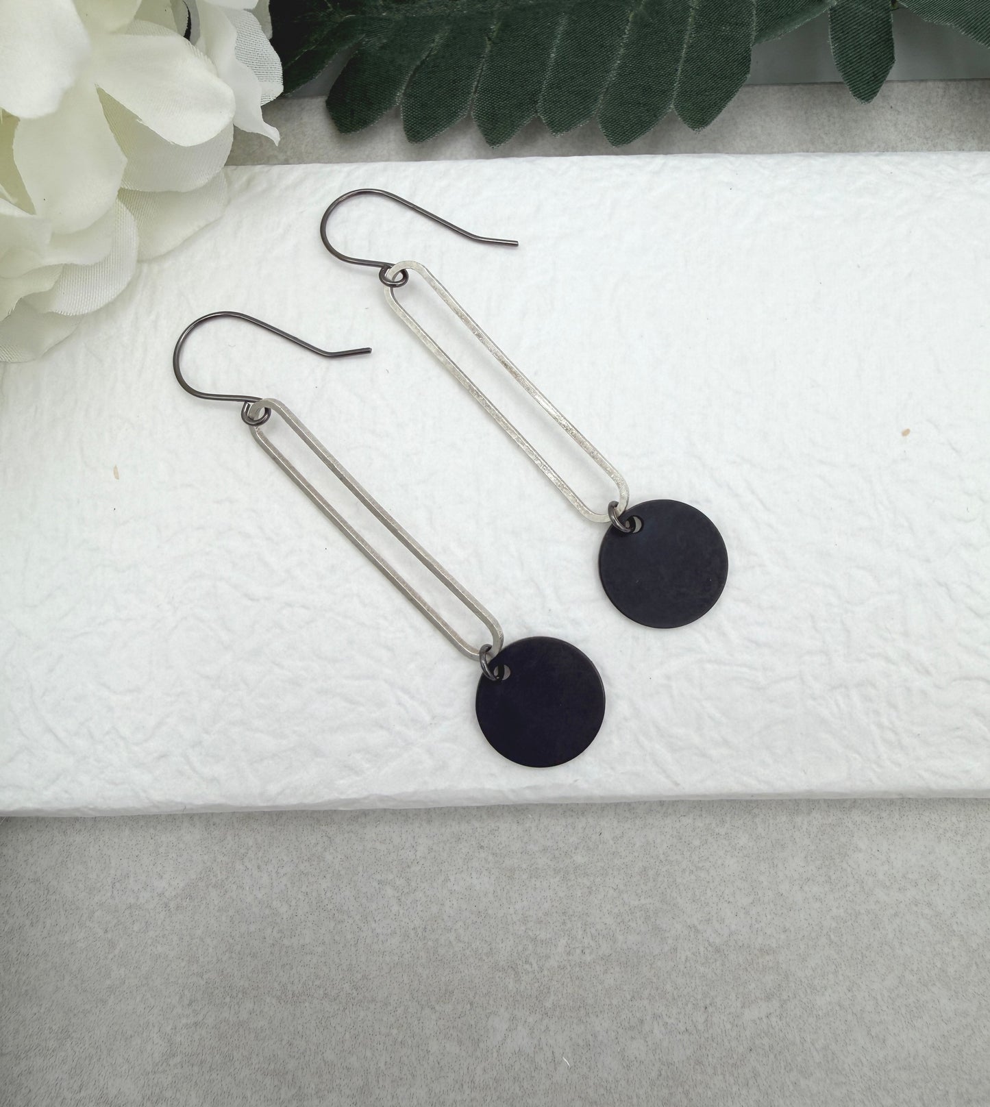 Earrings with Silver Plated Oval Loops and Oxidized Circles SBRE-76
