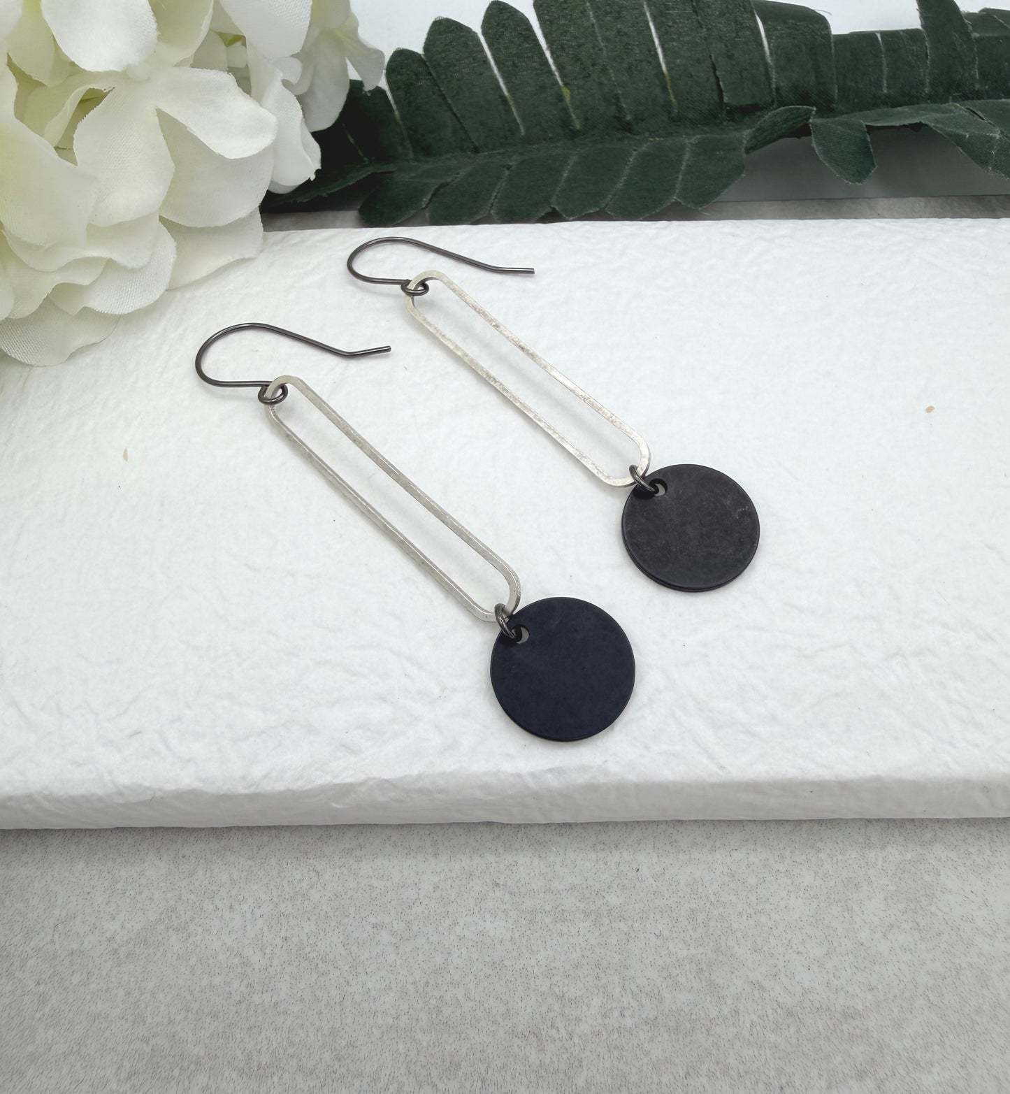 Earrings with Silver Plated Oval Loops and Oxidized Circles SBRE-76