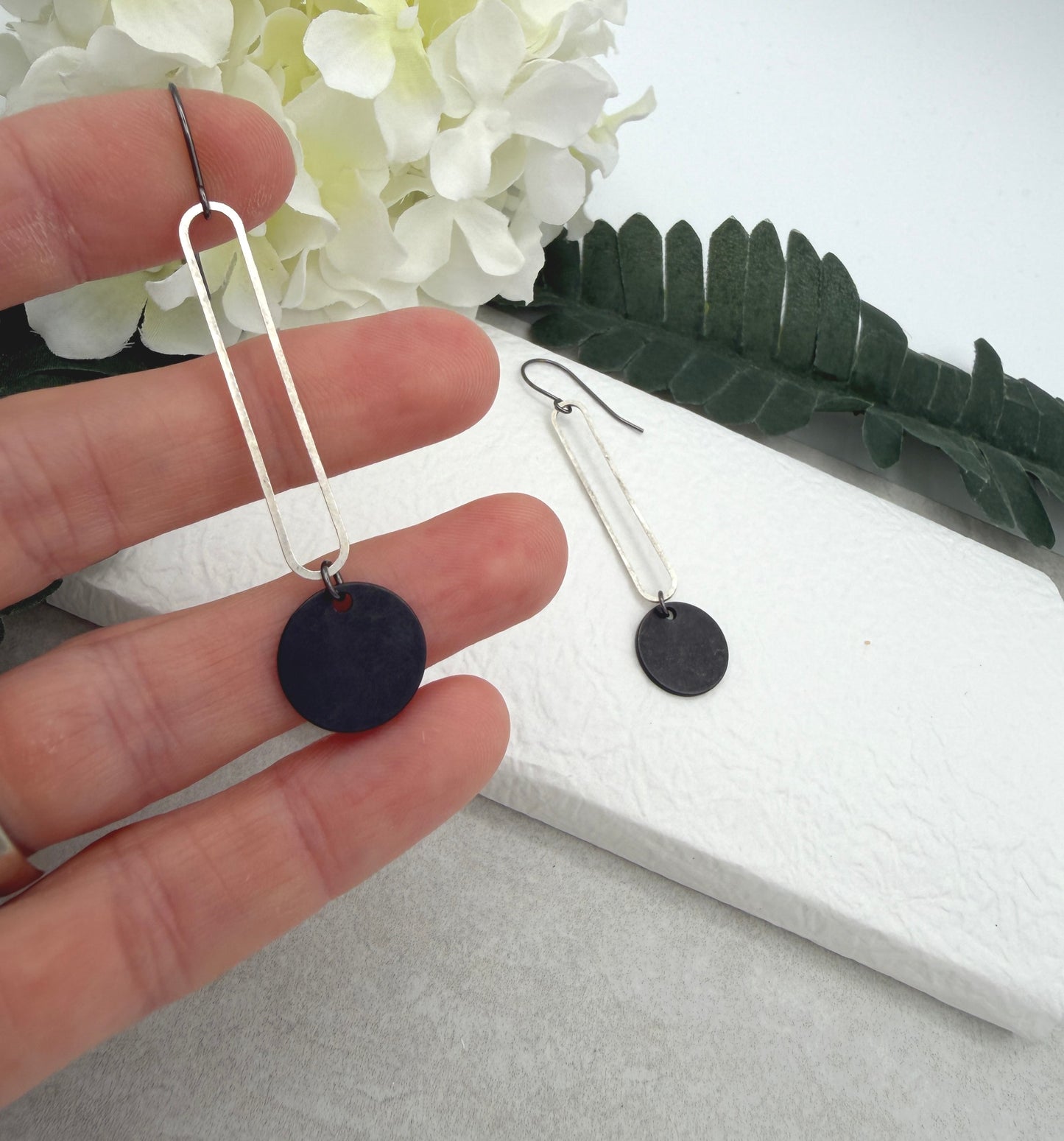 Earrings with Silver Plated Oval Loops and Oxidized Circles SBRE-76