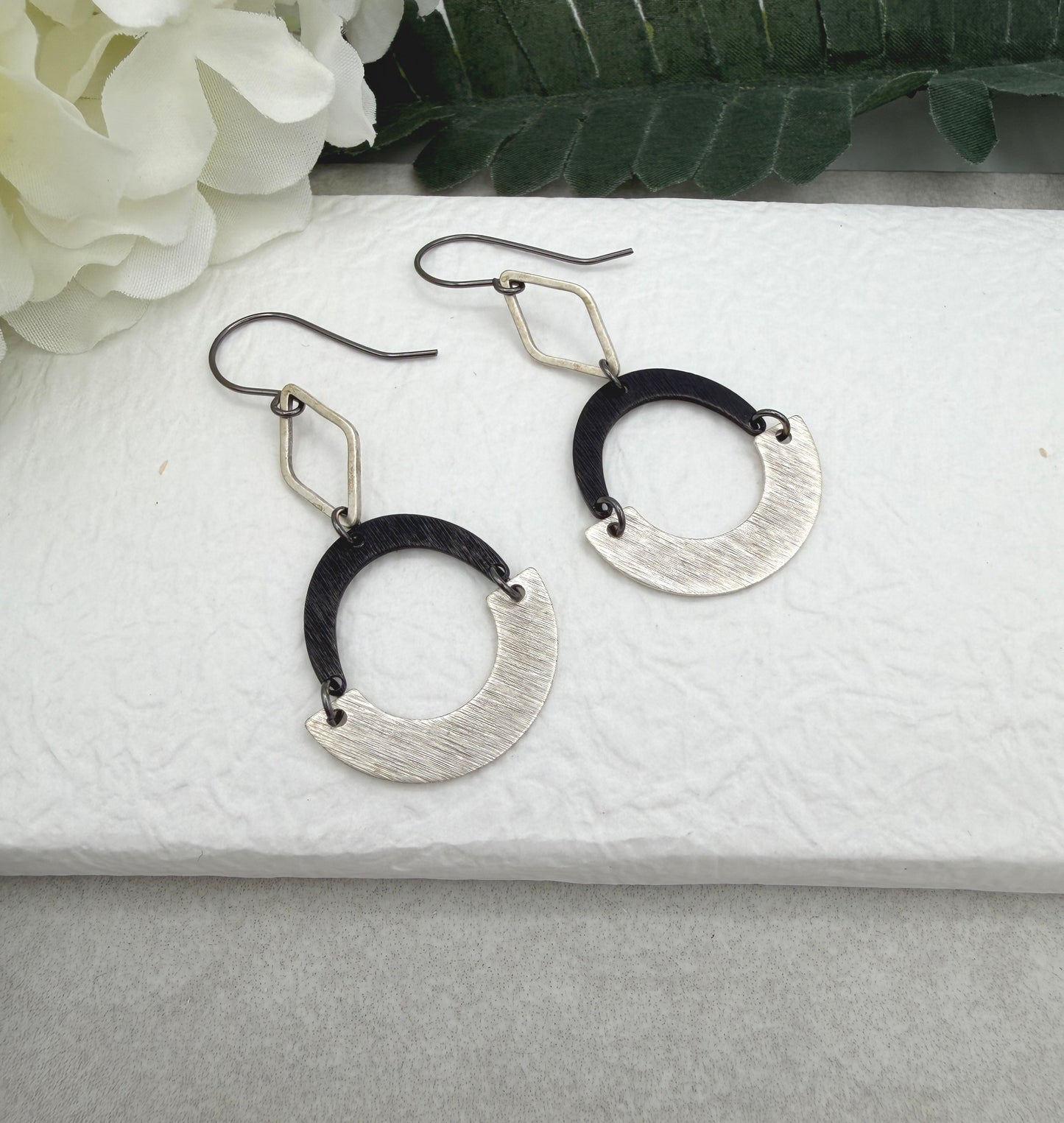 Earrings with Silver Plated Diamond Loops, Oxidized Arches and Silver Plated Arches SBRE-77