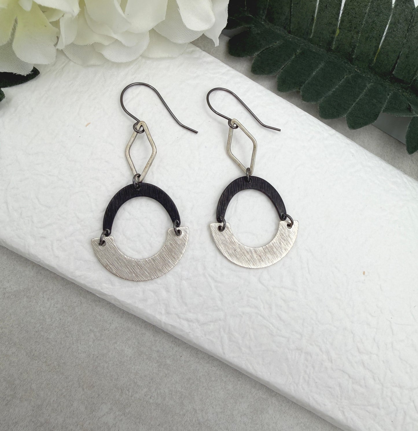 Earrings with Silver Plated Diamond Loops, Oxidized Arches and Silver Plated Arches SBRE-77