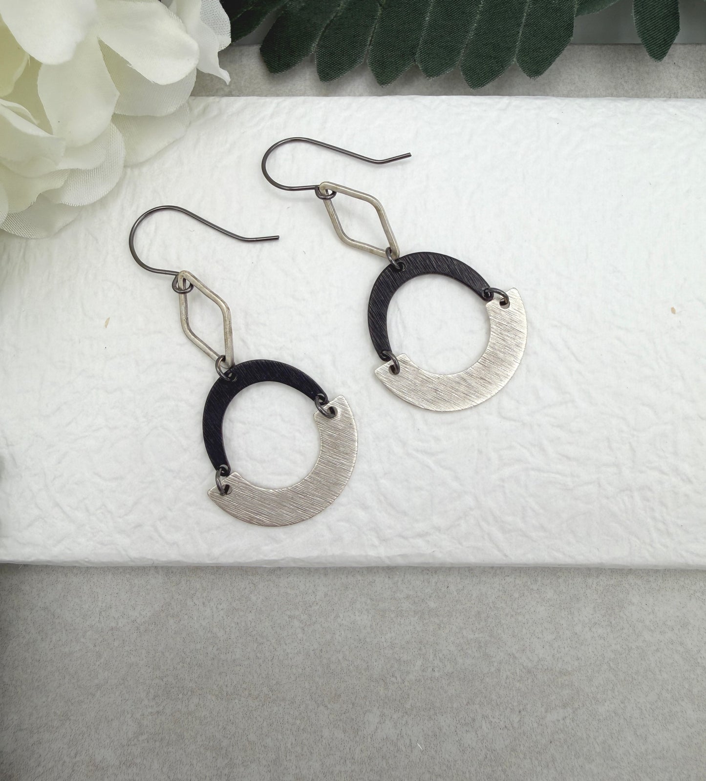 Earrings with Silver Plated Diamond Loops, Oxidized Arches and Silver Plated Arches SBRE-77