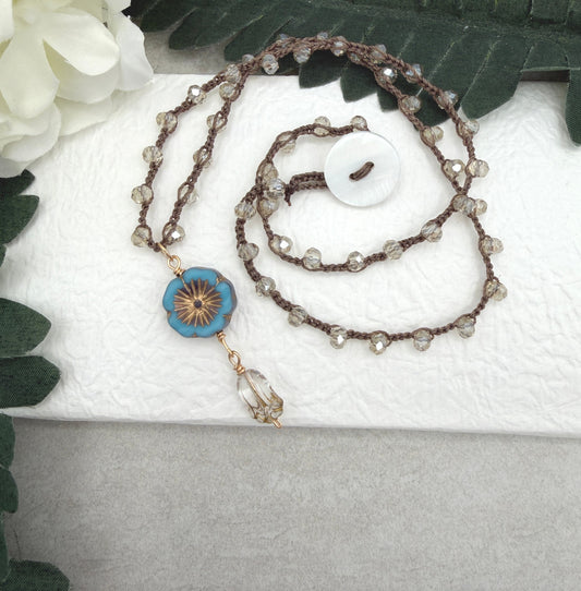 Crocheted Necklace with a Brown Cord, Crystal Beads, a Czech Glass Blue Flower, and Gold Glass Tulip Bead SN-675