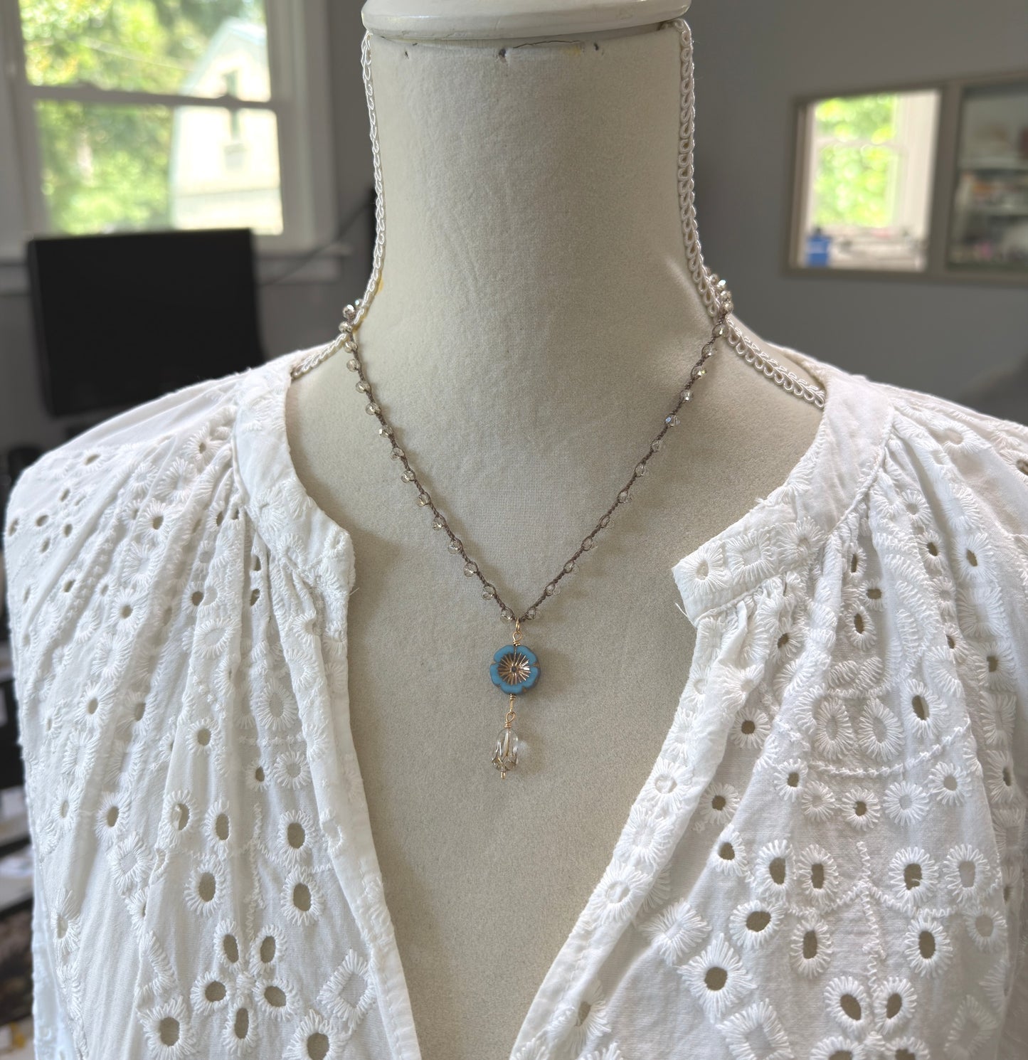 Crocheted Necklace with a Brown Cord, Crystal Beads, a Czech Glass Blue Flower, and Gold Glass Tulip Bead SN-675