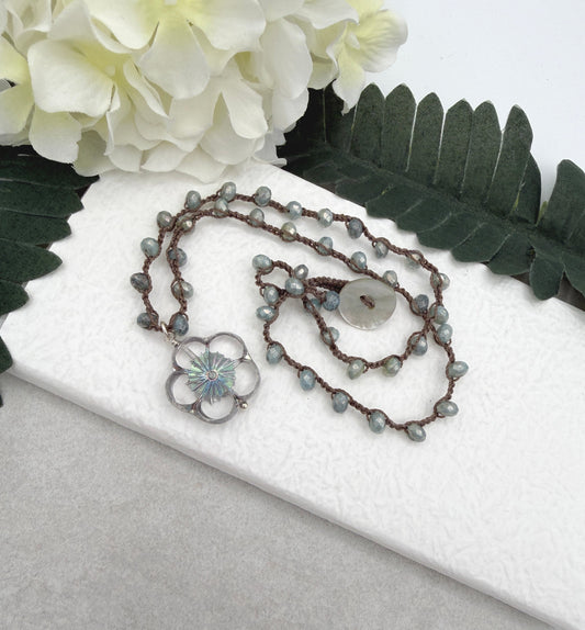 Crocheted Necklace with a Brown Cord, Blue Silver Rondelle Beads and a Large, Silver Czech Glass Flower SN-679