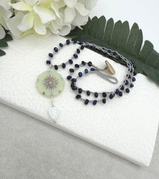 Crocheted Necklace with a Light Gray Cord, Blue Tiger's Eye Beads and a Large, Lime Green Czech Glass Flower SN-682