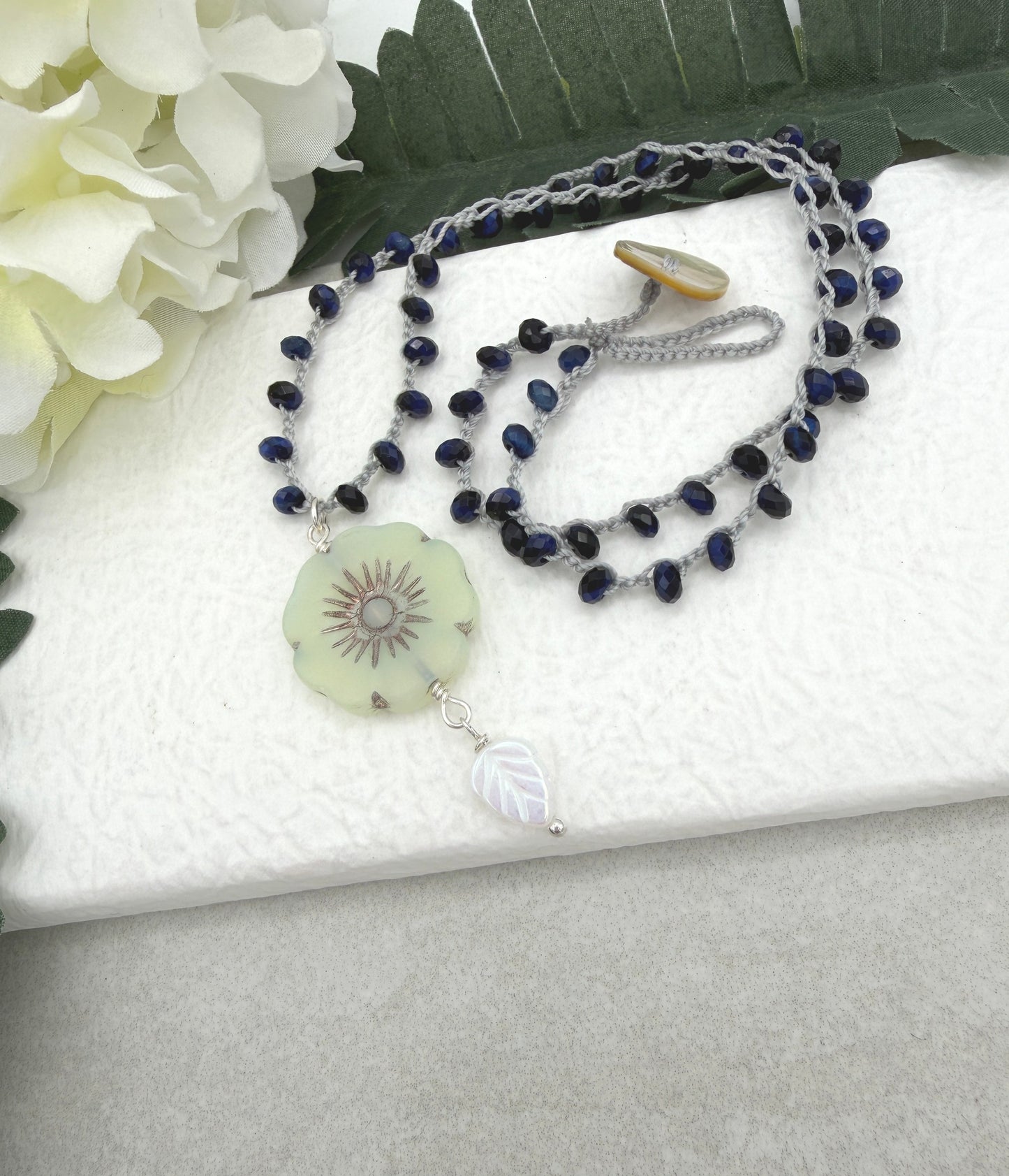 Crocheted Necklace with a Light Gray Cord, Blue Tiger's Eye Beads and a Large, Lime Green Czech Glass Flower SN-682
