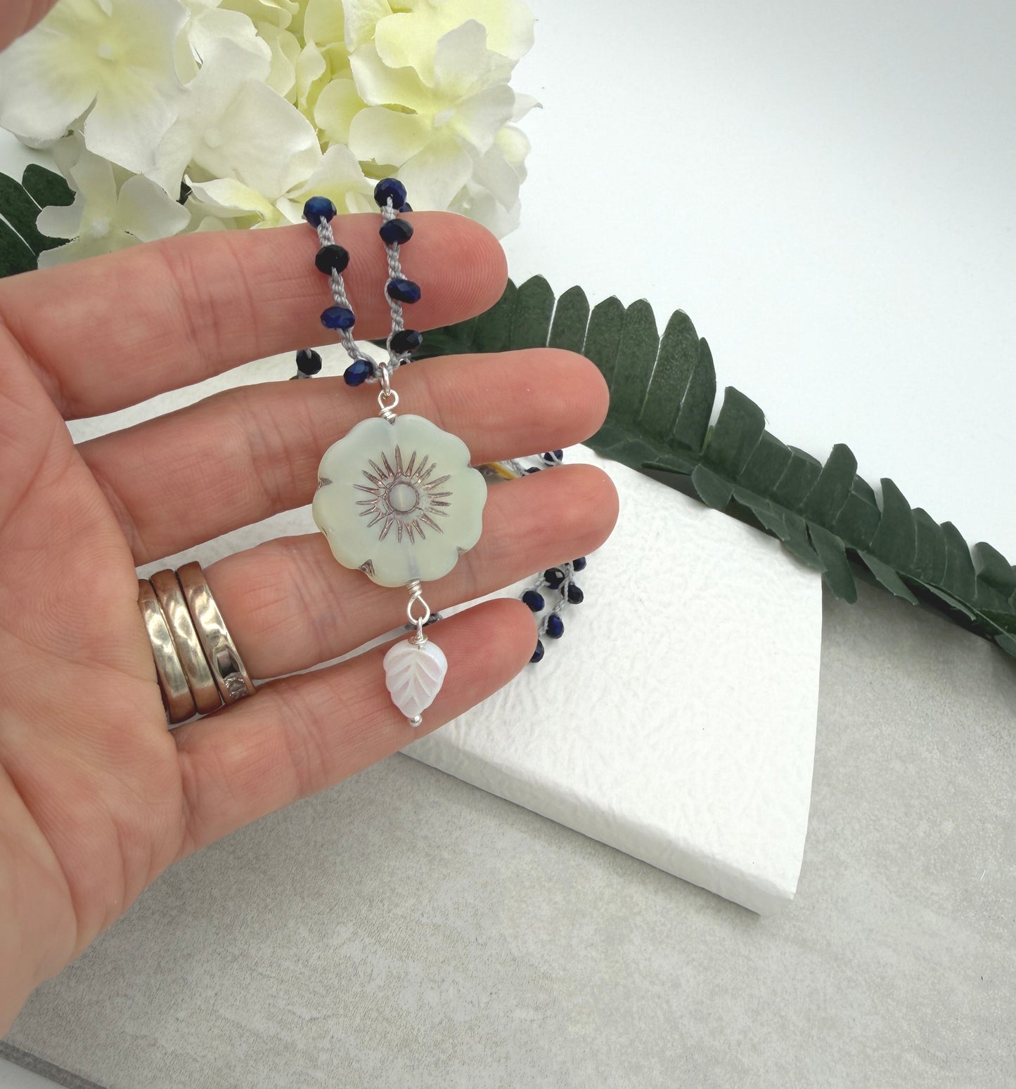 Crocheted Necklace with a Light Gray Cord, Blue Tiger's Eye Beads and a Large, Lime Green Czech Glass Flower SN-682