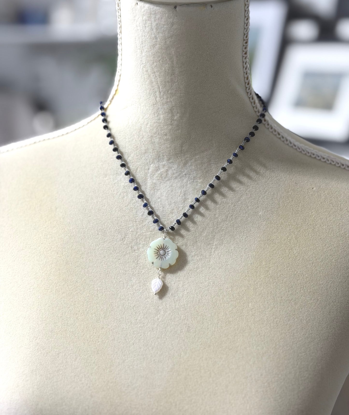 Crocheted Necklace with a Light Gray Cord, Blue Tiger's Eye Beads and a Large, Lime Green Czech Glass Flower SN-682