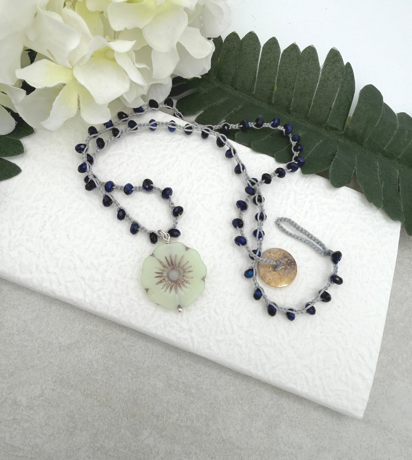 Crocheted Necklace with a Light Gray Cord, Blue Tiger's Eye Beads and a Large, Lime Green Czech Glass Flower SN-683